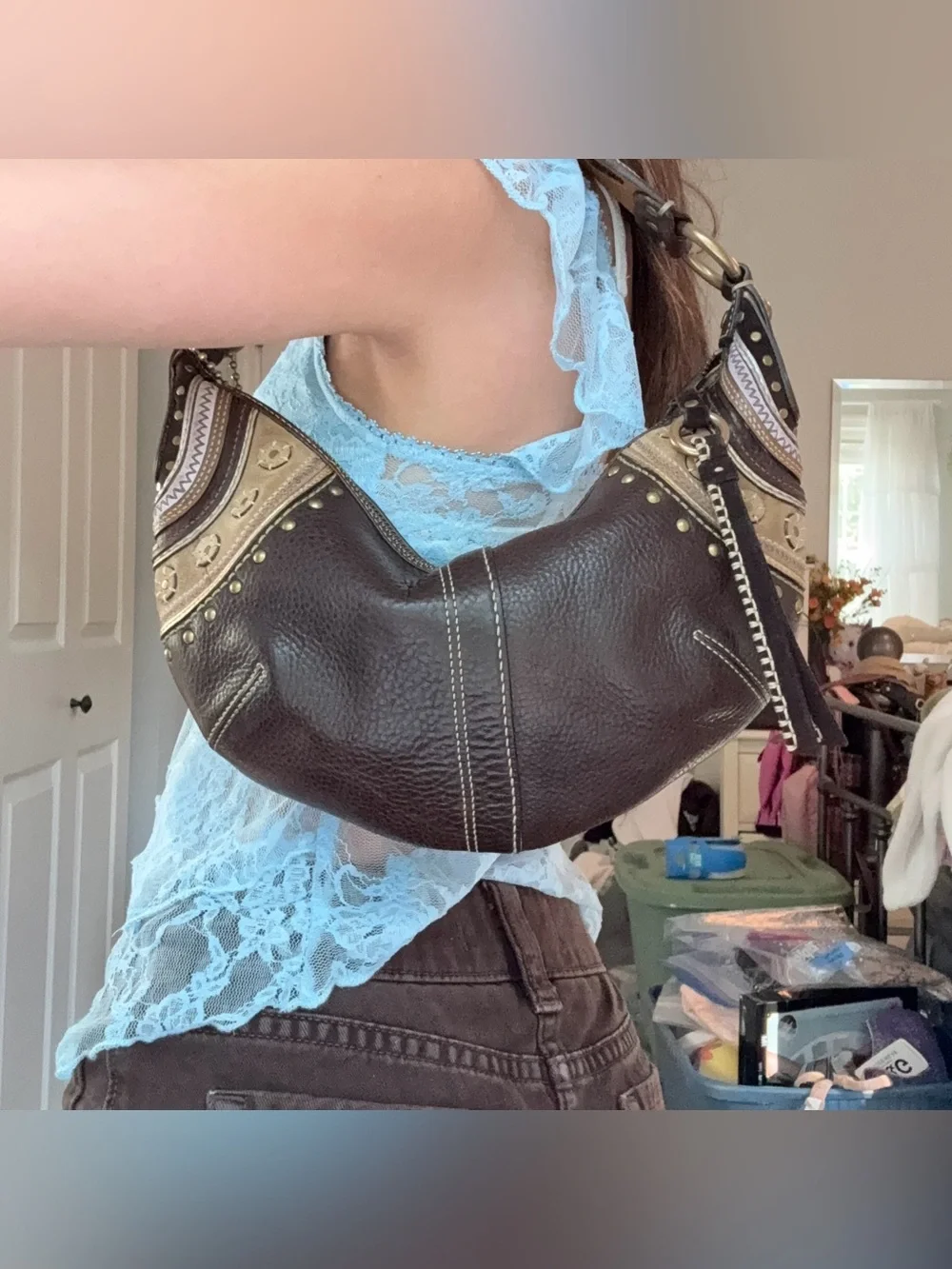 Vintage Coach Y2K RARE Brown Studded Leather Mini Hobo Shoulder Bag 10477 EUC